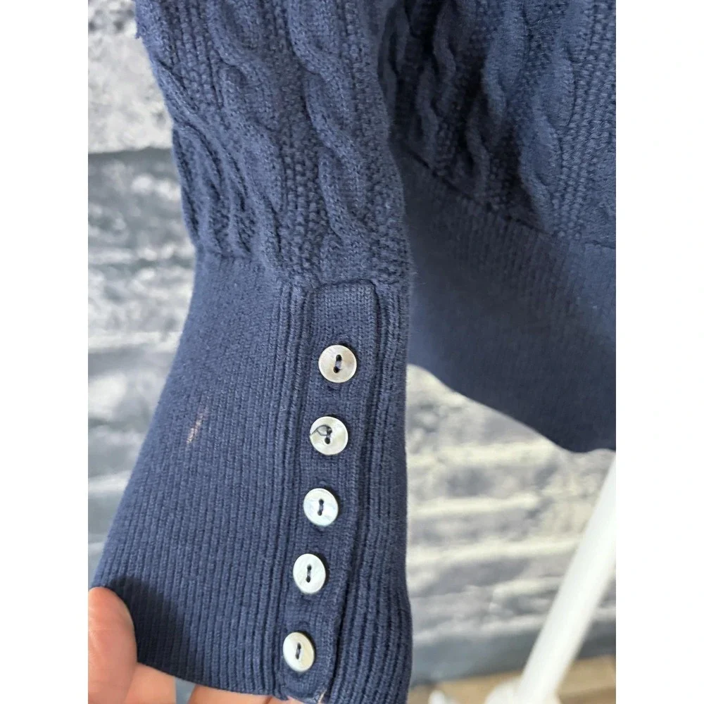 Lacoste Sweater Womens 44 Blue 100% Cotton Cable Knit Logo Button Cuff Pullover